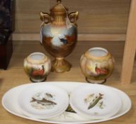 Three Crown Devon vases and a seven Crown Devon fish dishes