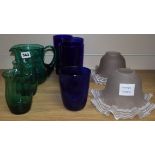 Three Bristol Blue glasses, green glass jug and two glasses and a pair of frilled edge glass shades