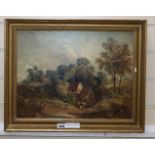 Late 19th century English School, oil on canvas, Figures in a rustic landscape, 32 x 42cm
