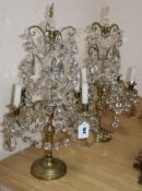 A pair of late 19th century Bohemian brass and lustre hung four branch candelabra, height 60cm (