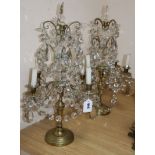 A pair of late 19th century Bohemian brass and lustre hung four branch candelabra, height 60cm (