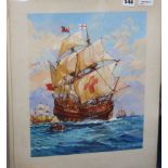 Richard Granger Barrett, four studies of sailing ships, two of Elizabethan style galleons at sea,
