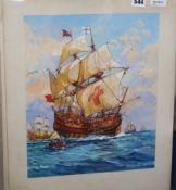 Richard Granger Barrett, four studies of sailing ships, two of Elizabethan style galleons at sea,