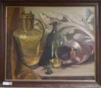 Joseph L Clark, oil on canvas, Still life of table top vessels, signed, 61 x 75cm