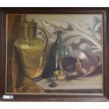 Joseph L Clark, oil on canvas, Still life of table top vessels, signed, 61 x 75cm