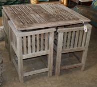 A Heals style teak garden table and four chairs, table W.90cm, H.70cm