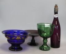 A Victorian silver-mounted Victorian coloured glass decanter, a tazza, a green glass and a blue bowl