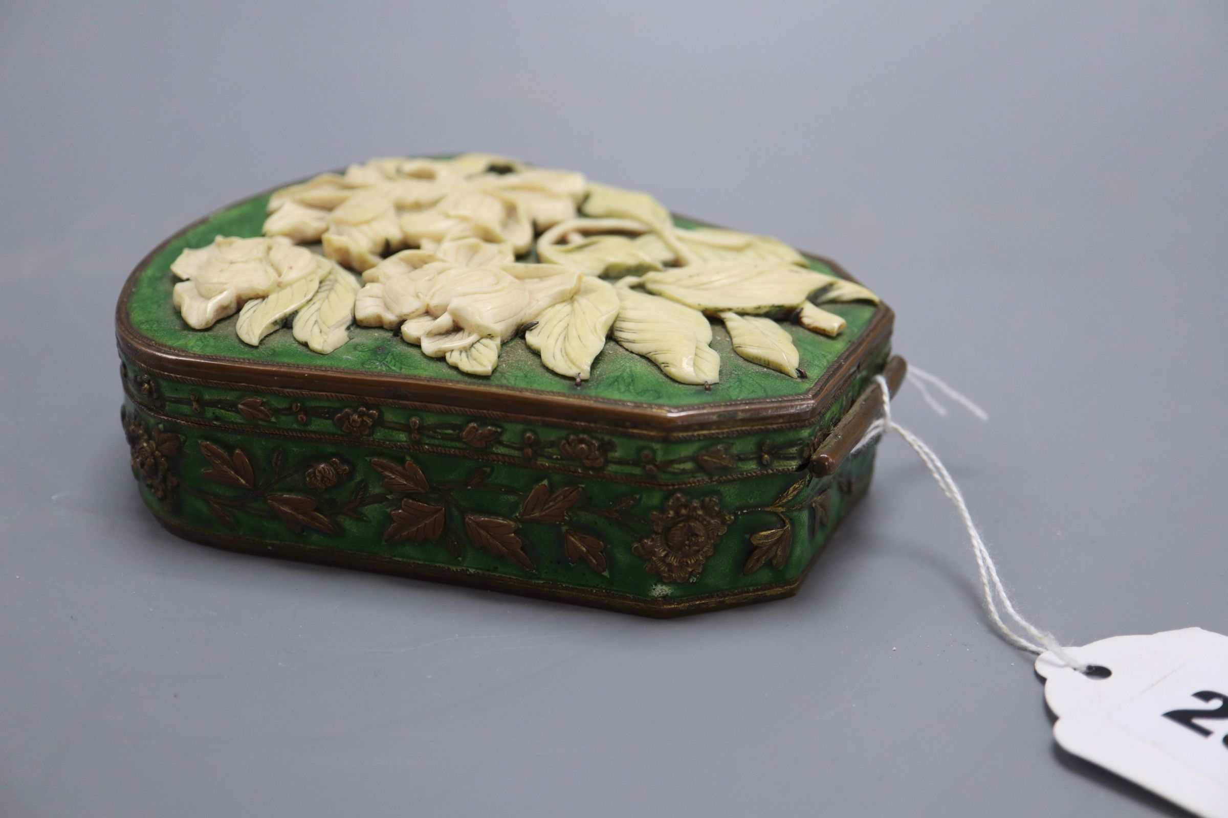 A 19th century Chinese ivory, brass and green enamel box, length 13cm - Image 3 of 4