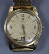 A gentleman's 1950's steel and gold plated Omega Seamaster Calendar Automatic wrist watch,