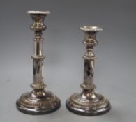 A pair of old Sheffield plate telescopic candlesticks