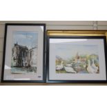 English School, two watercolours, View of Chartres Cathedral and Study of ducks, 31 x 18cm and 20