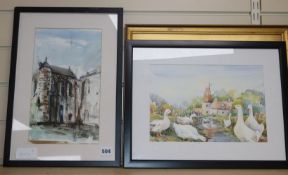 English School, two watercolours, View of Chartres Cathedral and Study of ducks, 31 x 18cm and 20