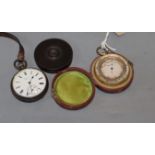 A Victorian cased pocket barometer, an H. Benson silver pocket watch and a wax seal box