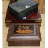 A mahogany military style inlaid writing box, 30 x 25 x 8cm, and two other boxes