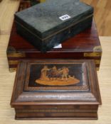 A mahogany military style inlaid writing box, 30 x 25 x 8cm, and two other boxes