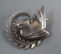 A post 1945 Georg Jensen sterling 'Robin on a fearn frond' brooch, design no. 309 (adapted?) 49mm,
