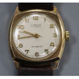 A gentleman's 1960's 9ct gold Lanco manual wind wrist watch, on leather strap.CONDITION: Case