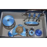 A collection of silver and blue enamel dressing table items, including a part manicure set