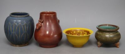 A Chinese Jun type jar, a similar censer, a hu vase and a yellow glazed bowlCONDITION: Yellow bowl