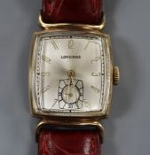 A lady's 1950's? 10k gold filled Longines manual wind wrist watch, on later associated strap.