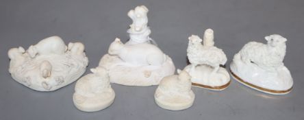 Six English porcelain toy figures of rabbits and sheep, c.1810-50, including two Derby biscuit sheep