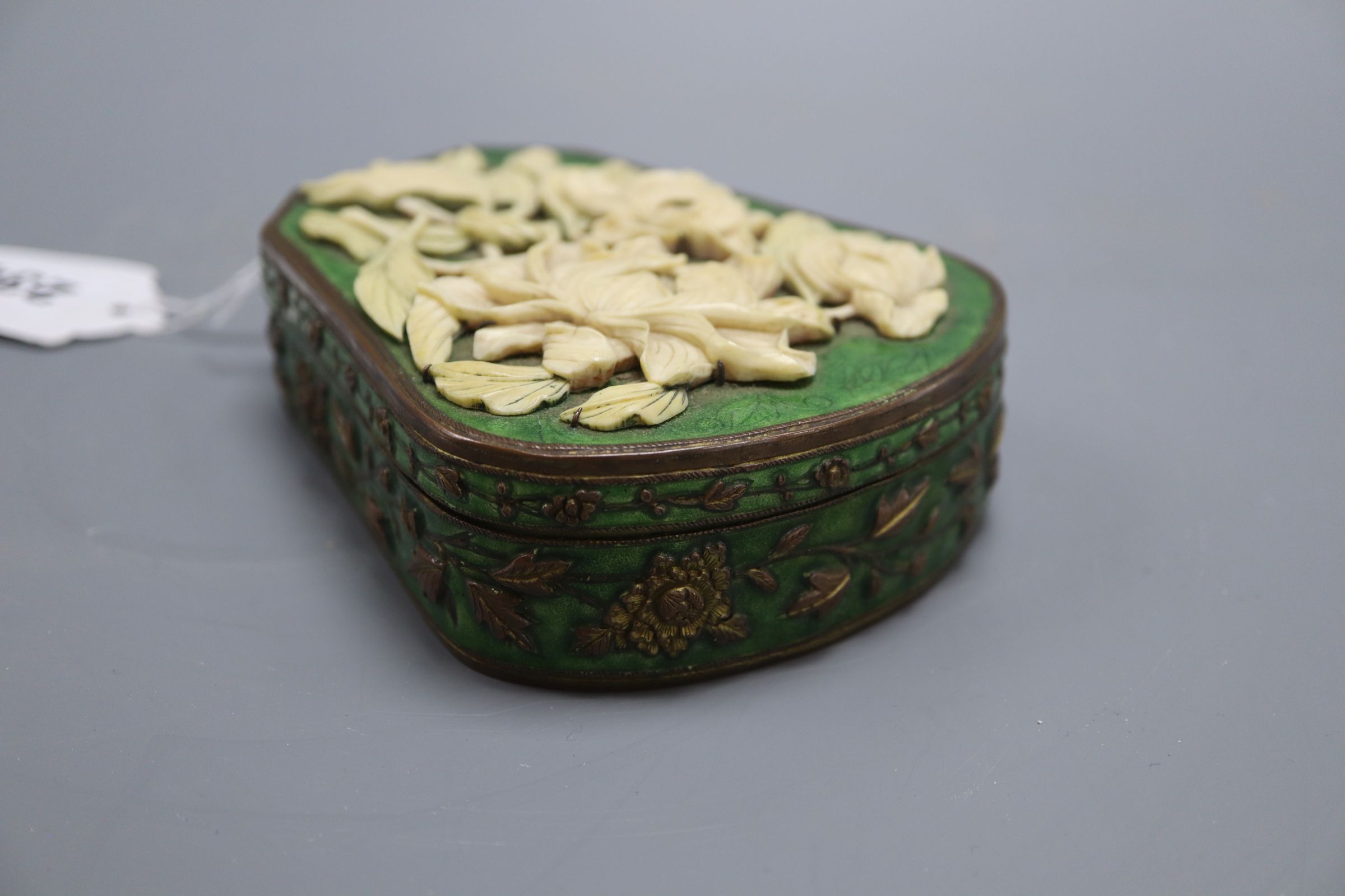 A 19th century Chinese ivory, brass and green enamel box, length 13cm - Image 2 of 4