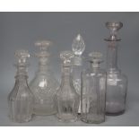 A pair of 19th century cut glass decanters and stoppers, height 23cm and four other decanters