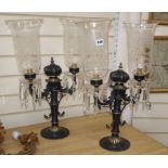 A pair of two branch table lamps, with etched glass shades and crystal drops, overall height 56cm