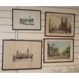 Edward King, two etchings, London views, together with two other London etchings by Henry Lambert