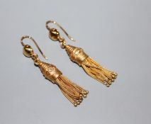 A pair of Victorian style yellow metal (tests as 15ct) tassel drop earrings, 42mm excluding earwire,