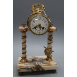 A French peach marble and gilt pillar clock, height 38cm