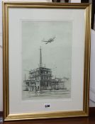 Douglas Ettridge (1927-2009), pencil drawing, Bi-plane flying over Croydon Airport Tower, Studio