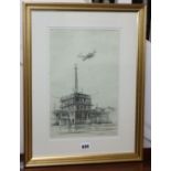 Douglas Ettridge (1927-2009), pencil drawing, Bi-plane flying over Croydon Airport Tower, Studio