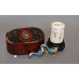 A 19th century tortoiseshell trinket box and a Chinese ivory tusk vase and a pair of cloisonne duck
