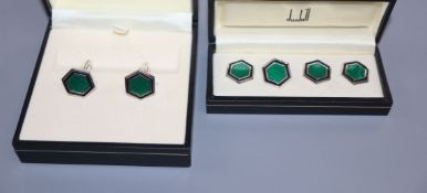 A cased pair of modern Alfred Dunhill silver and enamel hexagonal cufflinks and a cased set of