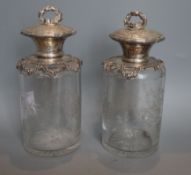 A pair of early 20th century Portuguese white metal mounted etched glass scent jars, only one with