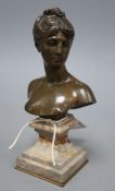 After Moreau. A bronze bust of a young lady, signed, height 19cm