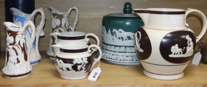 19th century coloured white stonewares to include - a large Stilton dish and cover, large ceramic