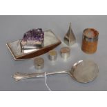 A modern silver and amethyst geode mounted wooden blotter, by Peter Casswell? five modern small