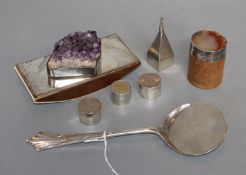 A modern silver and amethyst geode mounted wooden blotter, by Peter Casswell? five modern small