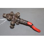 A George IV silver child's rattle with whistle, six bells and coral teether, Taylor & Perry,