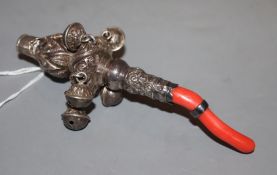 A George IV silver child's rattle with whistle, six bells and coral teether, Taylor & Perry,