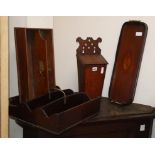 An oak candle box, height 42cm, two cutlery boxes and an oval tray