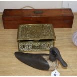 A decoy duck, a cast brass box and Stanley boxed French curve templates