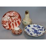 An 18th century Japanese blue and white dish, a studio vase and a Kutani plate and tea bowl and