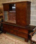 A Continental figured walnut marble inset side cabinet, W.200cm, D.50cm, H.173cm