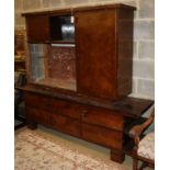 A Continental figured walnut marble inset side cabinet, W.200cm, D.50cm, H.173cm