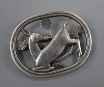 A 1933-1944 Georg Jensen sterling 'kneeling deer' oval brooch, design no. 256, 43mm, gross 12