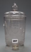 A 19th century French wheel etched glass jar and cover, with detached finial, height excl. finial