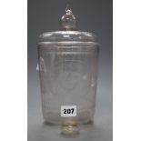 A 19th century French wheel etched glass jar and cover, with detached finial, height excl. finial